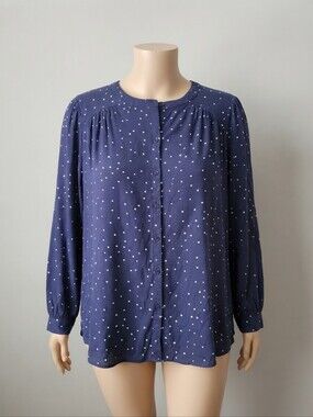 Lane Bryant long sleeve button down blue and white Polka Dot top